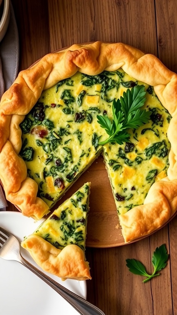 Classic Spinach and Cheese Quiche Recipe A slice of spinach and cheese quiche with a flaky crust, garnished with parsley, on a rustic table.